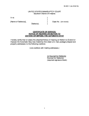 CERTIFICATE of SERVICE NOTICE of HEARING on MOTION to Insb Uscourts  Form