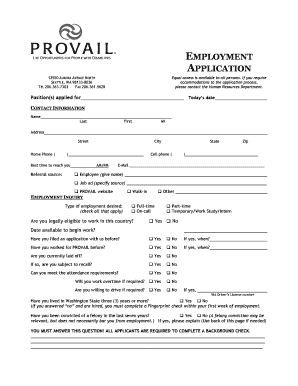 EMPLOYMENT APPLICATION PROVAIL Provail  Form