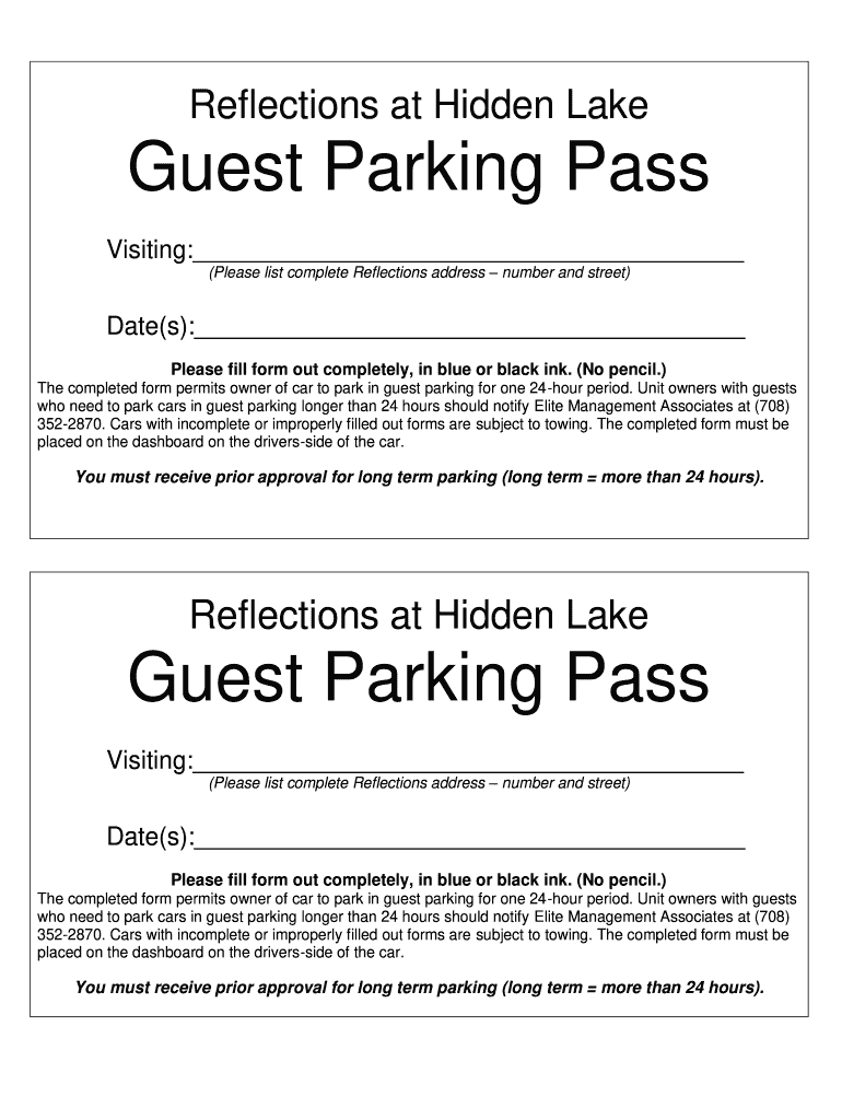 Get and Sign Guest Parking Pass Guest Parking Pass Reflections at Hidden Lake  Form
