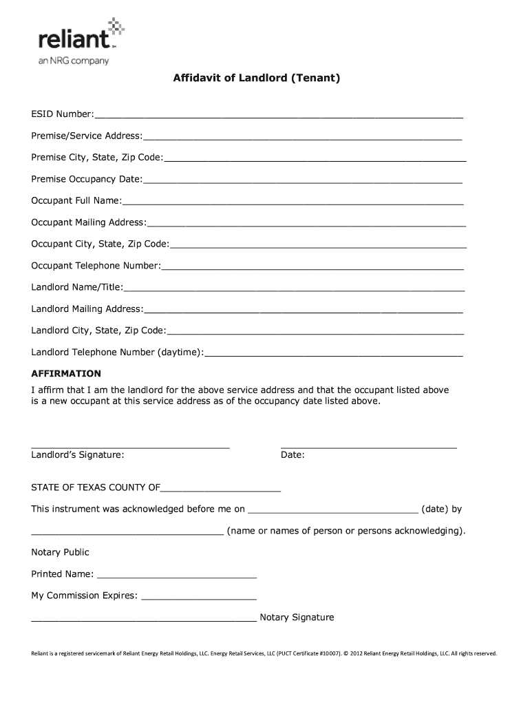 BAffidavitb of Landlord BTenantb  Reliant Energy  Form