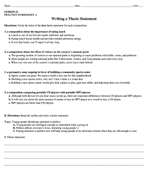 PRACTICE WORKSHEET a Writing a Thesis Statement  Form