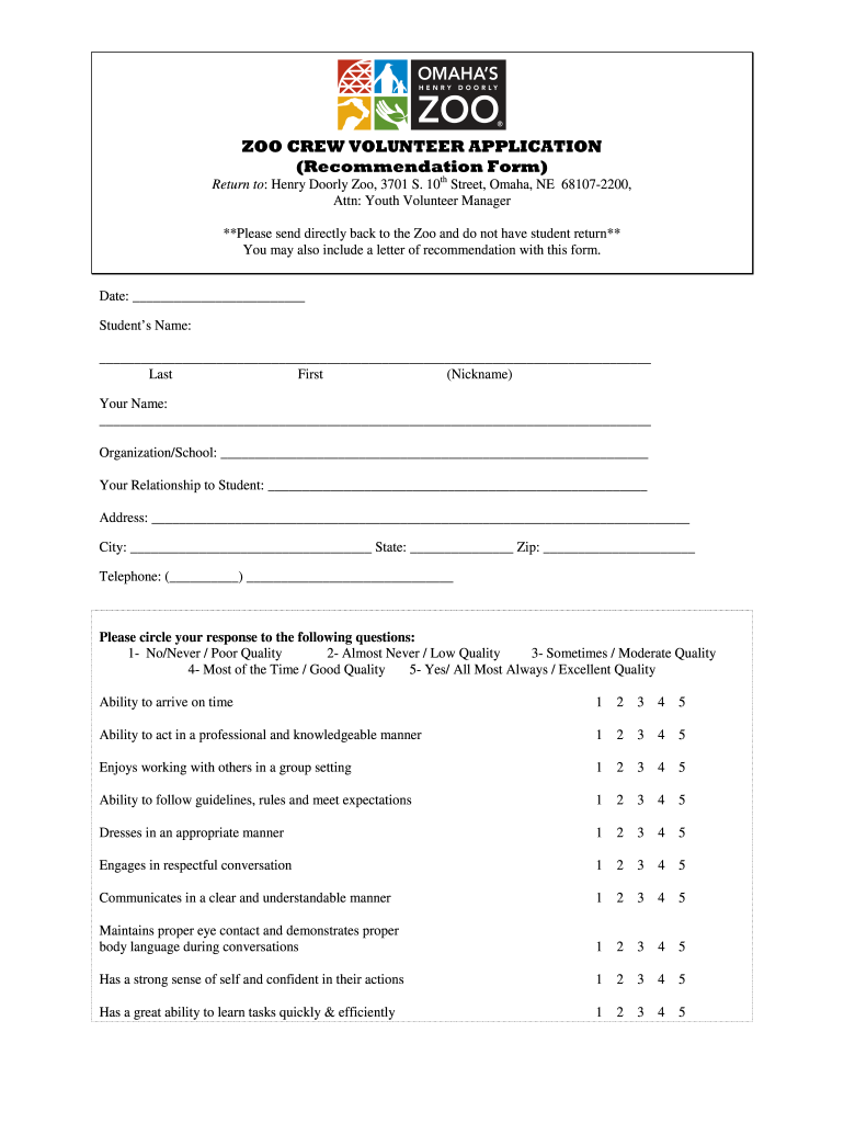 Henry Doorly Zoo Volunteer Application  Form
