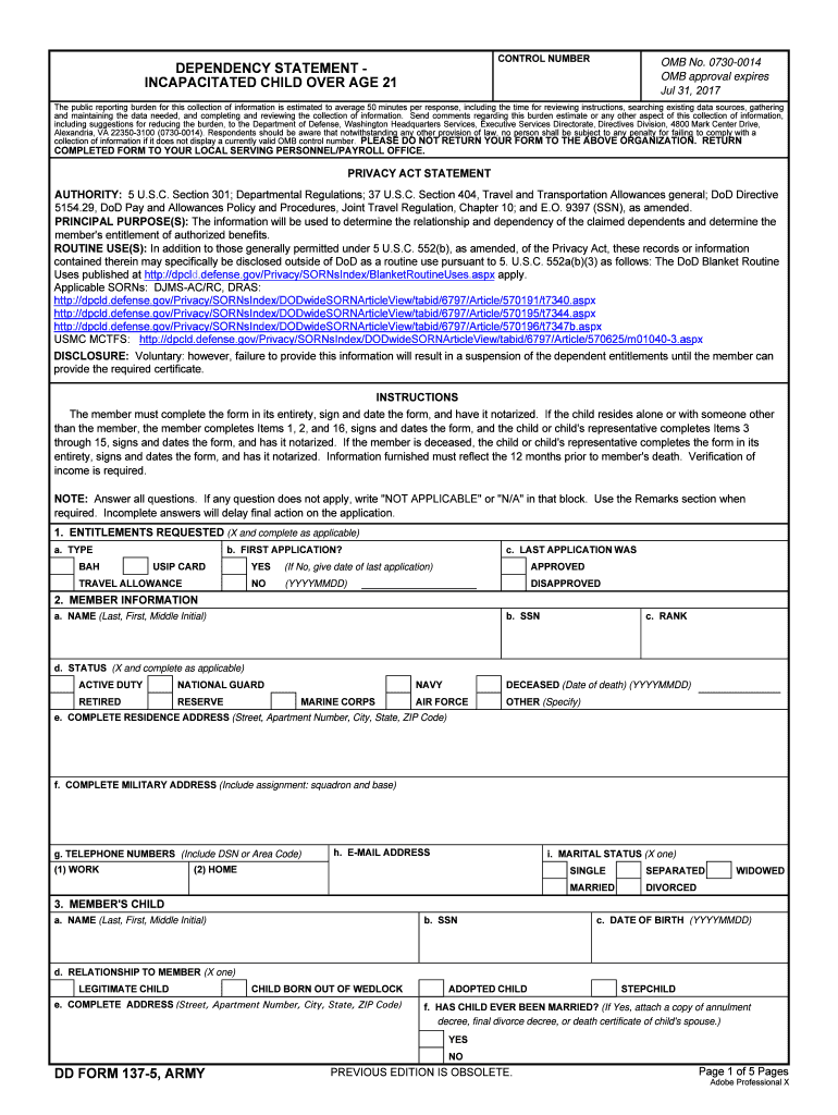  Dd Form 137 5 2016-2024