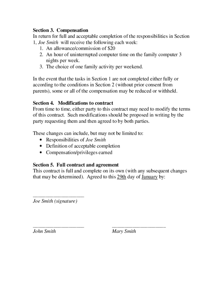 Chore Contract Template  Form