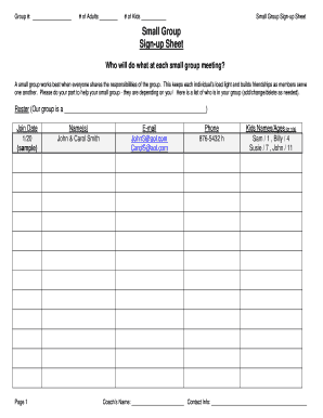 Small Group Sign Up Sheet  Form