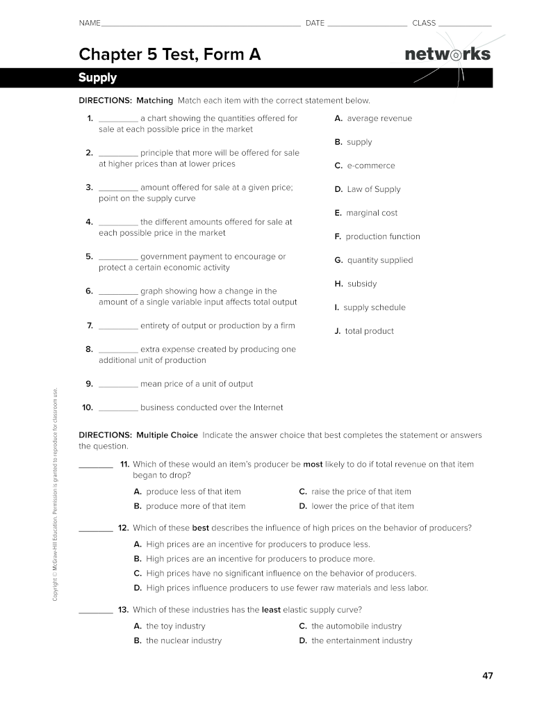 Chapter 5 Supply Economics Worksheet Answers PDF  Form