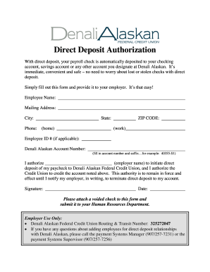 Direct Deposit Authorization Denali Federal Credit Union Denalifcu  Form