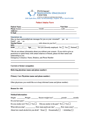  Patient Intake Form Potomac Radiation Oncology 2015