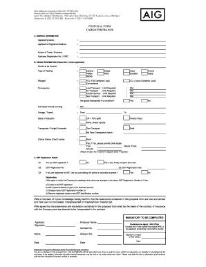  PROPOSAL FORM CARGO INSURANCE AIG 2015