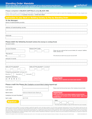 Standing Order Form Cashplus