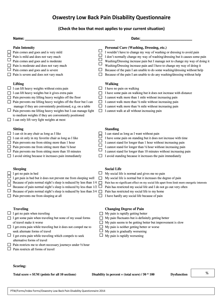 Oswestry Low Back Pain Disability Questionnaire  Form