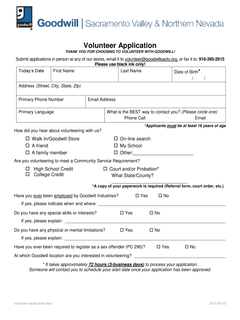  Volunteer Application  Goodwill Industries of Sacramento 2015-2023