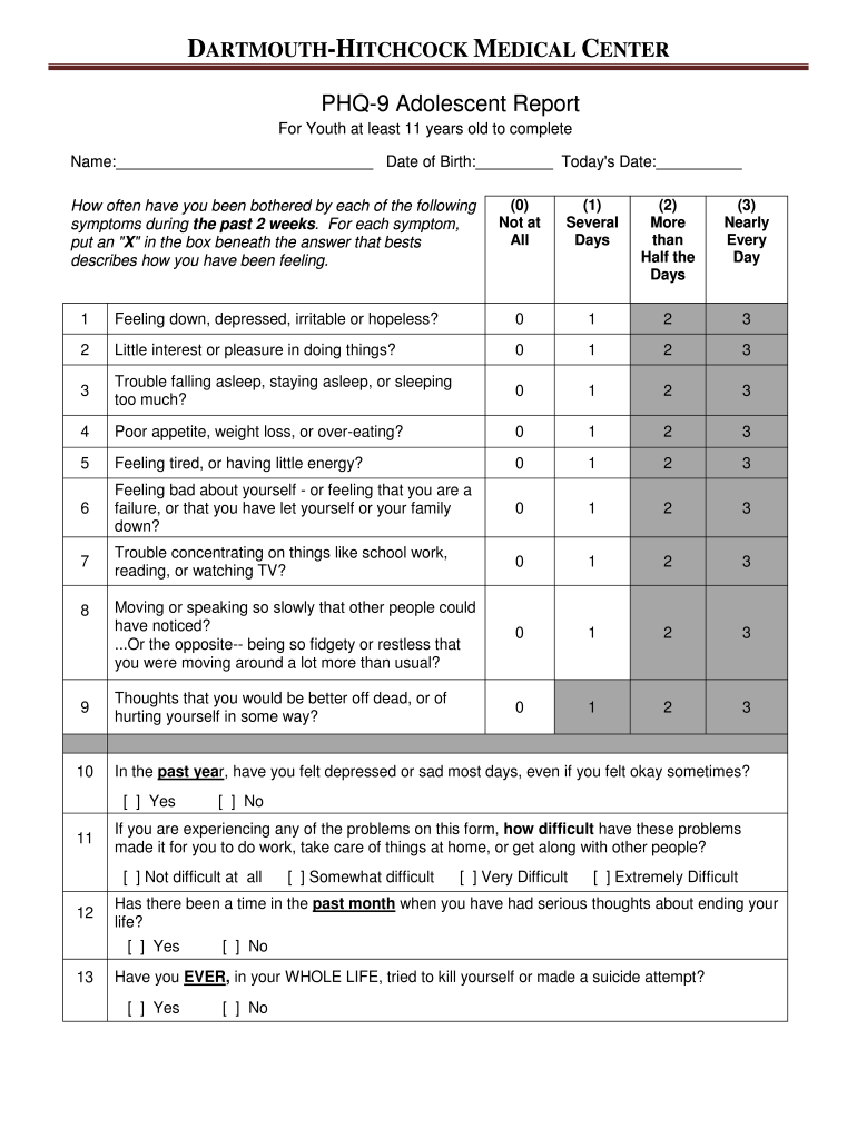 Depression Patient Health Questionnaire Phq9  Adolescent Reportdoc  Form