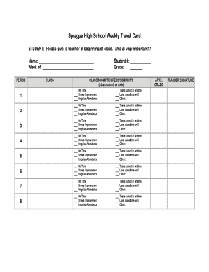 Weekly Travel Card Sprague High School  Form