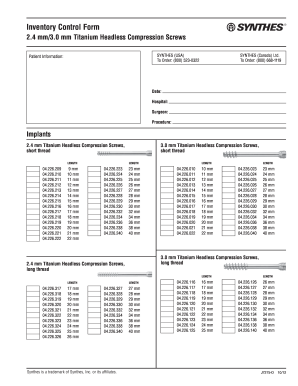 Synthes Headless Compression Screw Inventory  Form