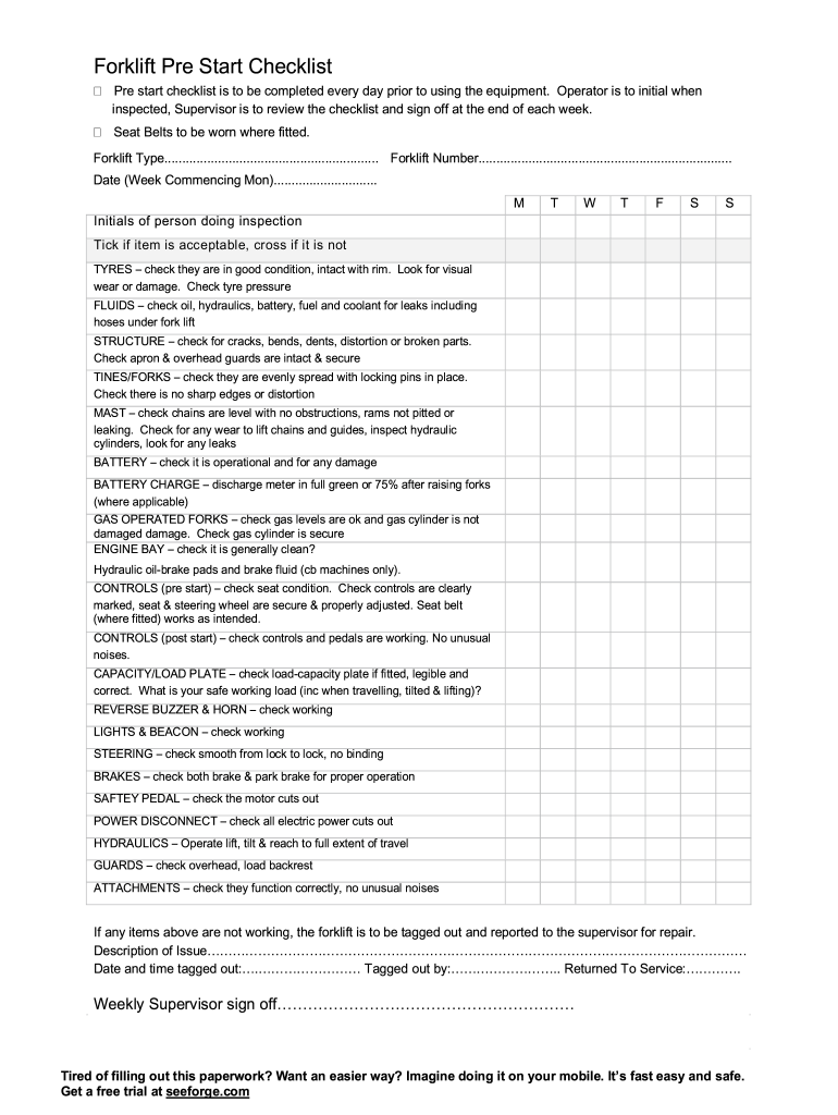 Forklift Pre Start Checklist  Form