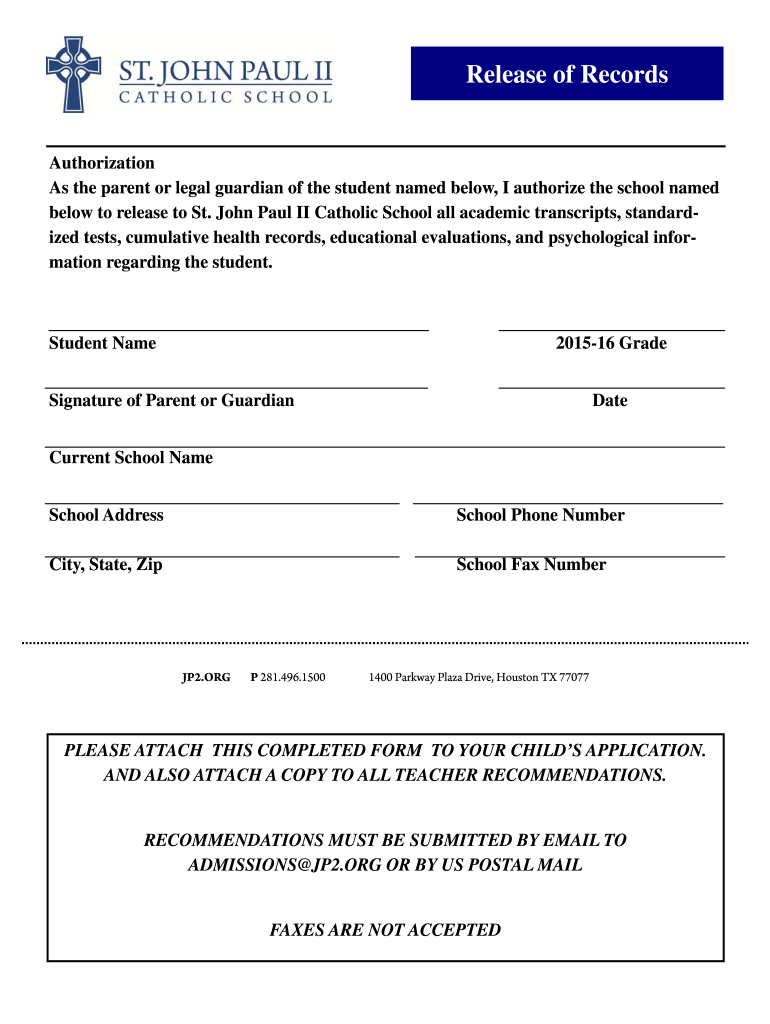 Release of Records John Paul II Catholic School Jp2  Form