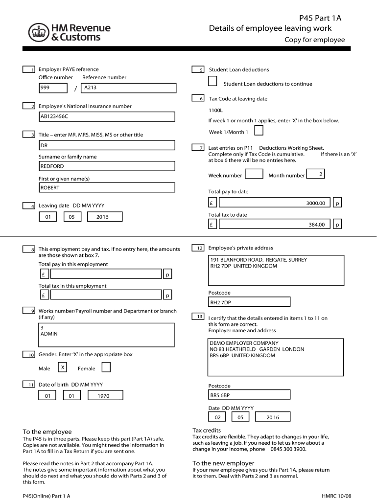 P45 Part 1A Pbas Webpayrolltraining Co  Form