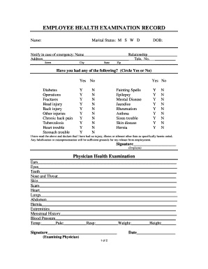 EMPLOYEE HEALTH EXAMINATION RECORD Printablep1nnaclecom  Form