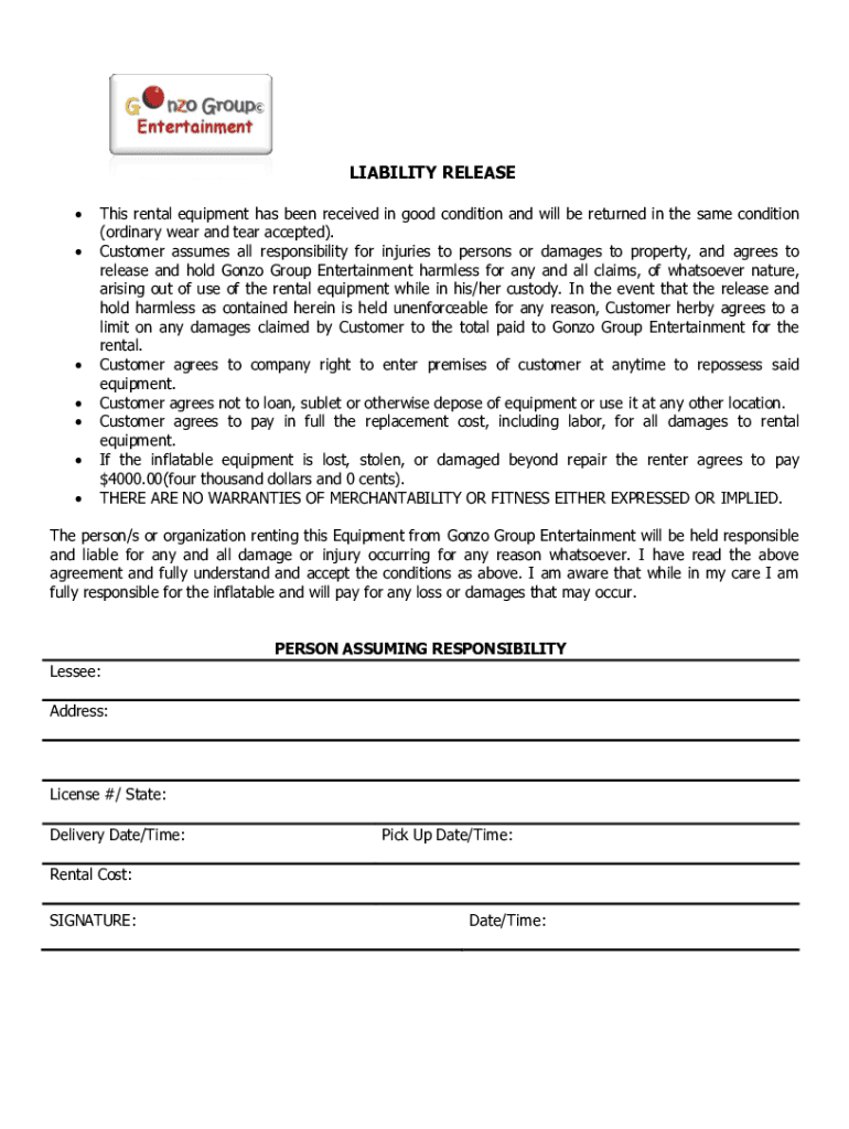 Bounce House Rental Agreement  Form