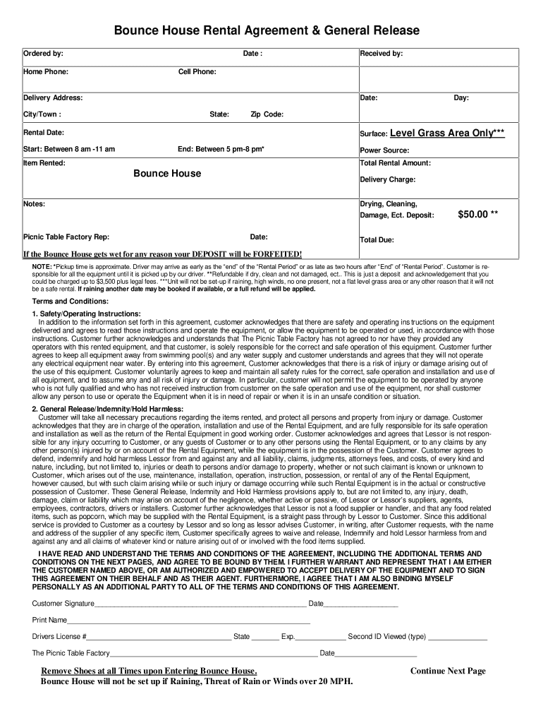 Bounce House Rental Agreement  Form