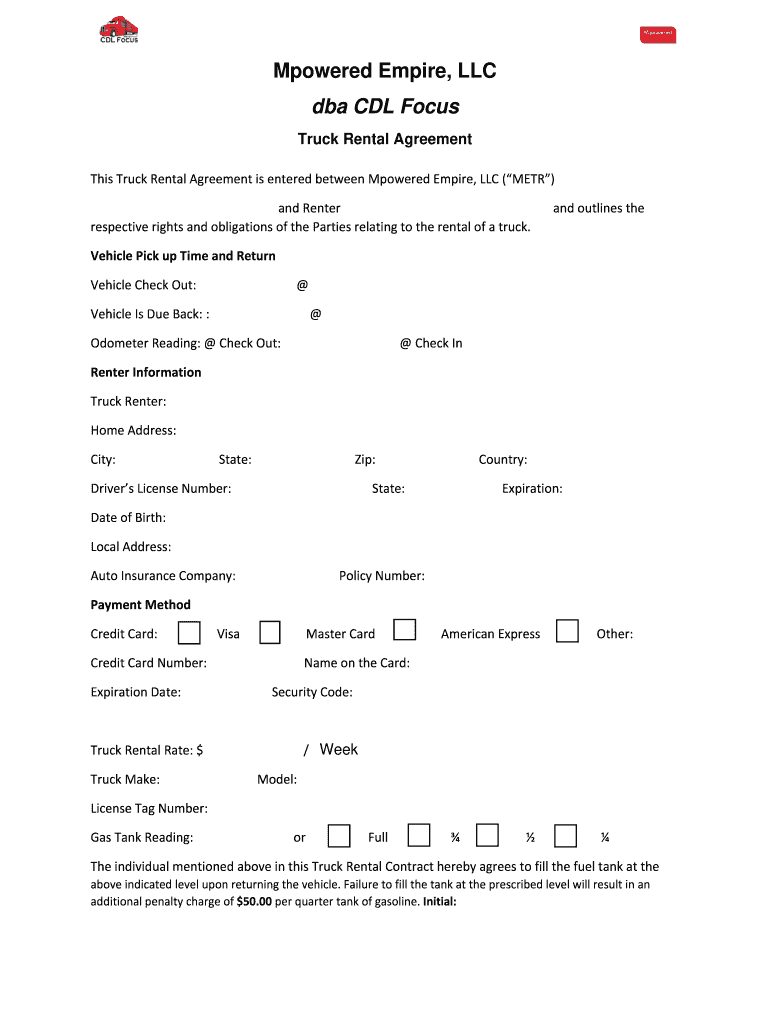 Truck Rental or Loaner Agreement  Form