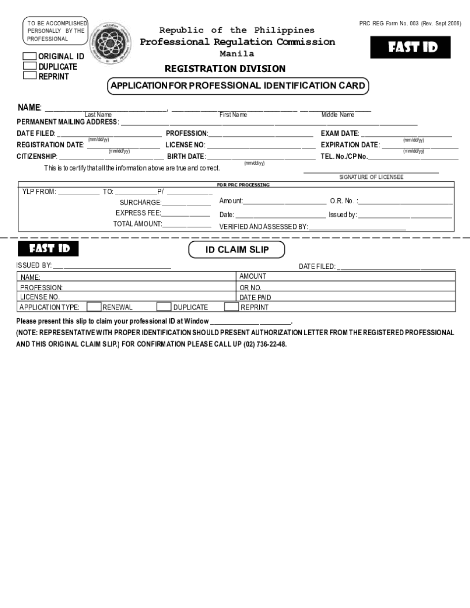 BApplication Formb for Professional BIdentification Cardb Fast ID PRC