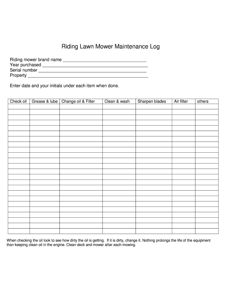 Lawn Mower Maintenance Log Template  Form