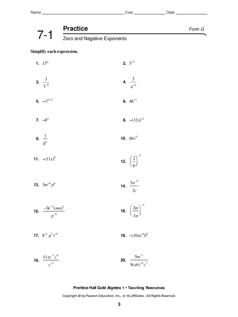 7 1 Practice Zero and Negative Exponents Form G