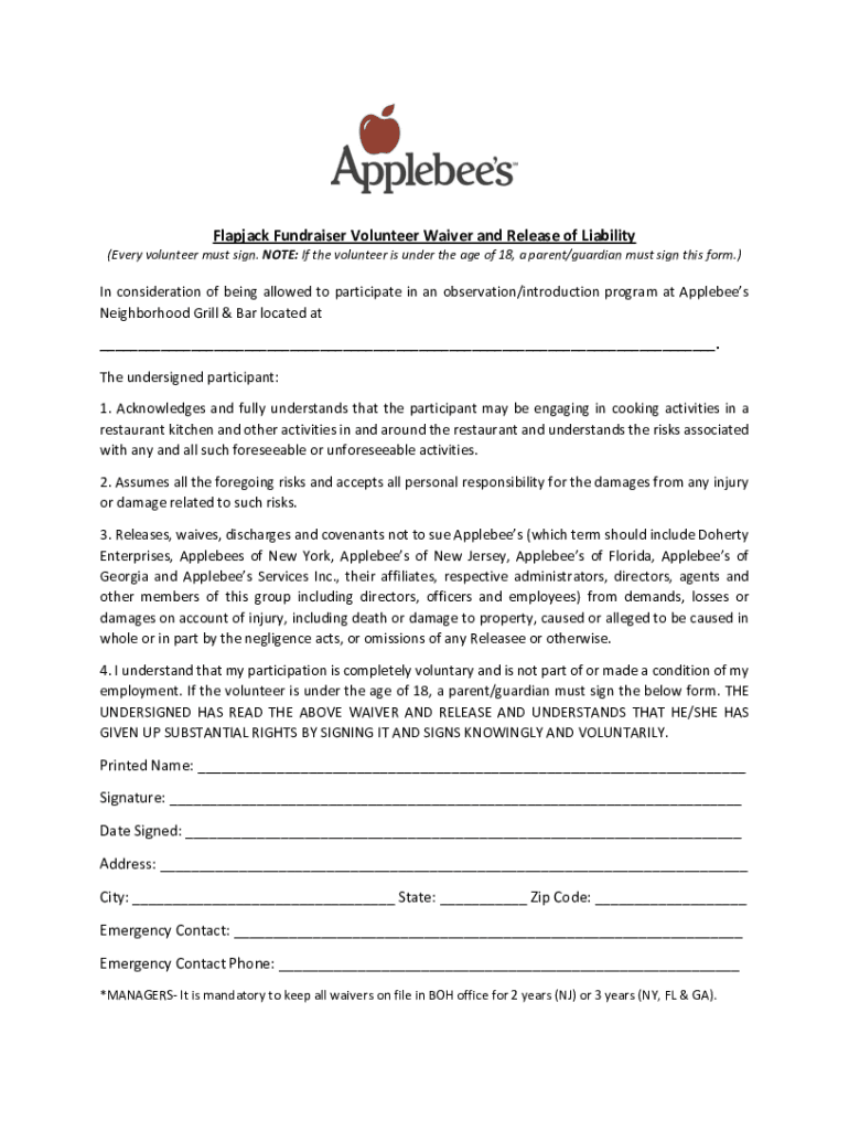 Flapjack Fundraiser Volunteer Waiver and Release of  Form