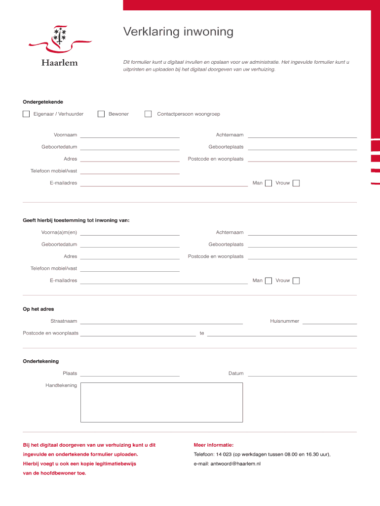 Verklaring Van Inwoning Haarlem  Form