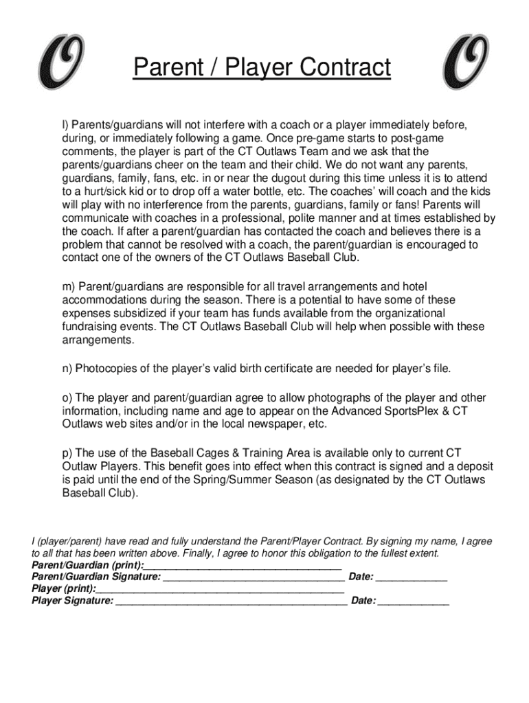 Travel Baseball Parent Contract  Form