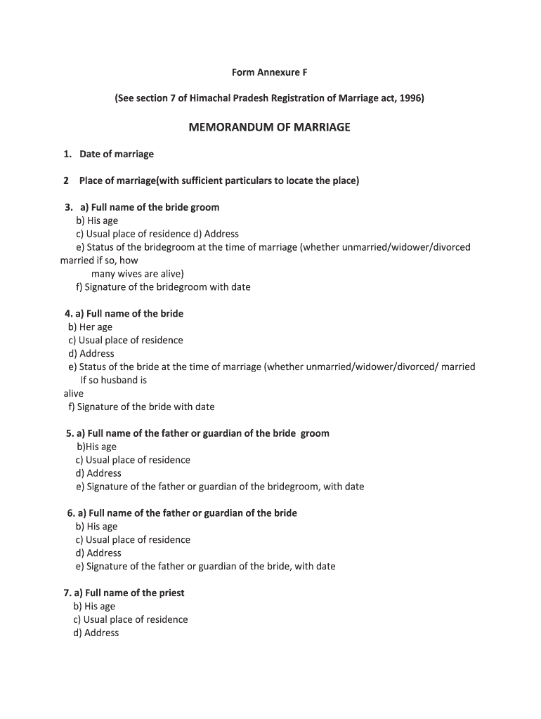 Memorandum of Marriage  Form