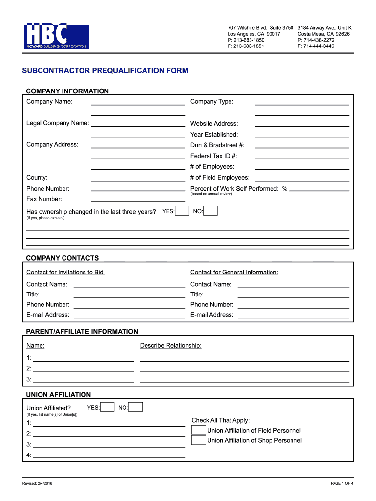  SUBCONTRACTOR PREQUALIFICATION FORM Corporation 2016