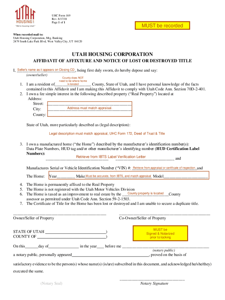 Affidavit of Affixture and Notice of BLostb or Destroyed BTitleb  Form