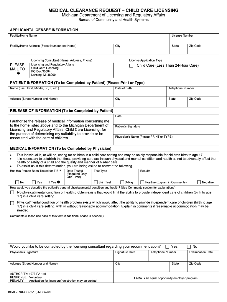  MEDICAL CLEARANCE REQUEST CHILD CARE LICENSING 2016