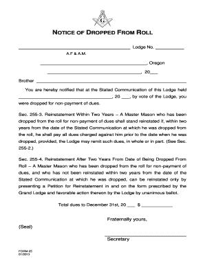 NOTICE of DROPPED from ROLL Masonic Grand Lodge of Oregon  Form
