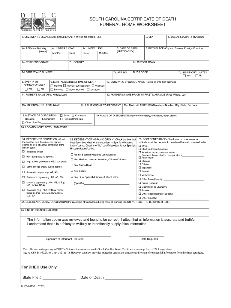  Sc Death Certificate Worksheet 2015-2024