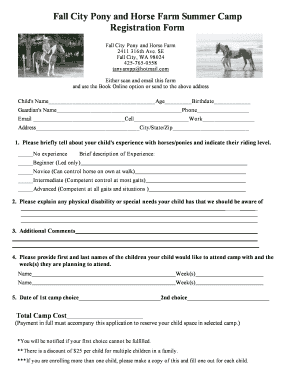 Fall City Pony and Horse Farm Summer Camp Form