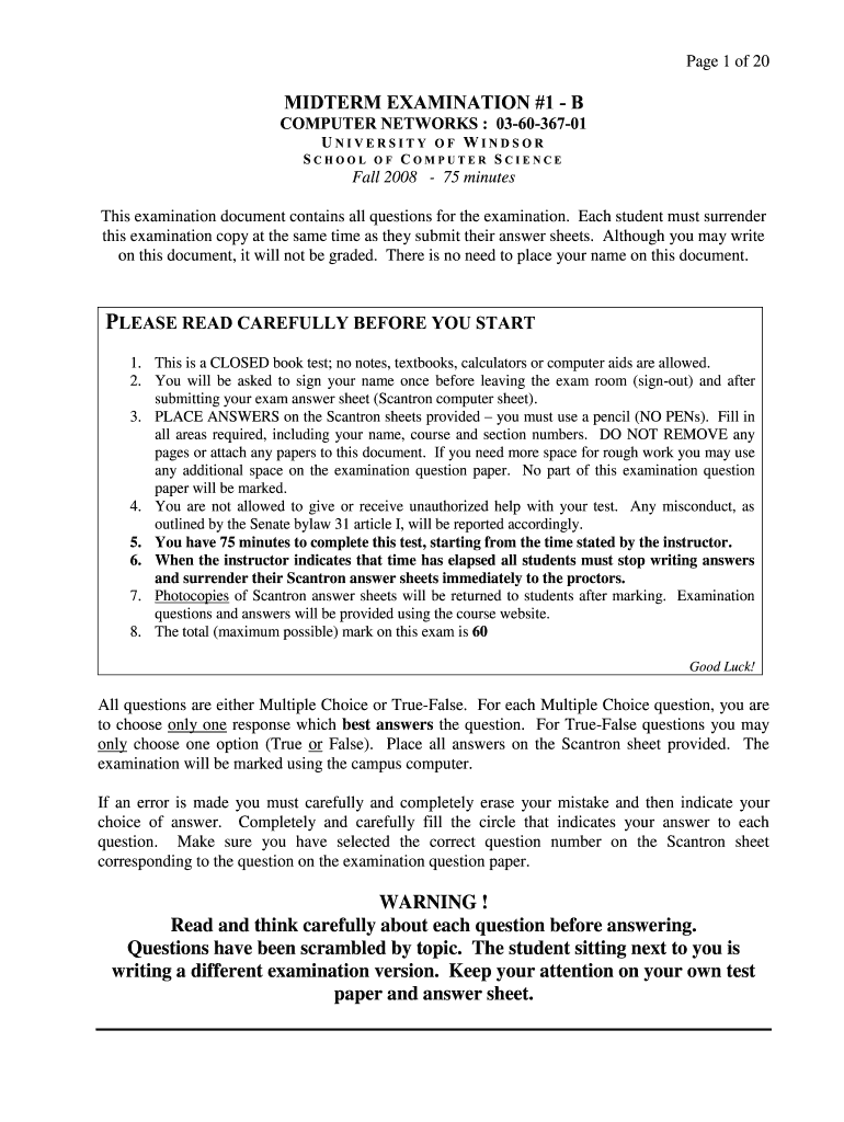 MIDTERM EXAMINATION 1  B COMPUTER NETWORKS 03 60 367  Form