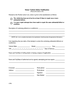 Motor Vehicle Defect Notification Form