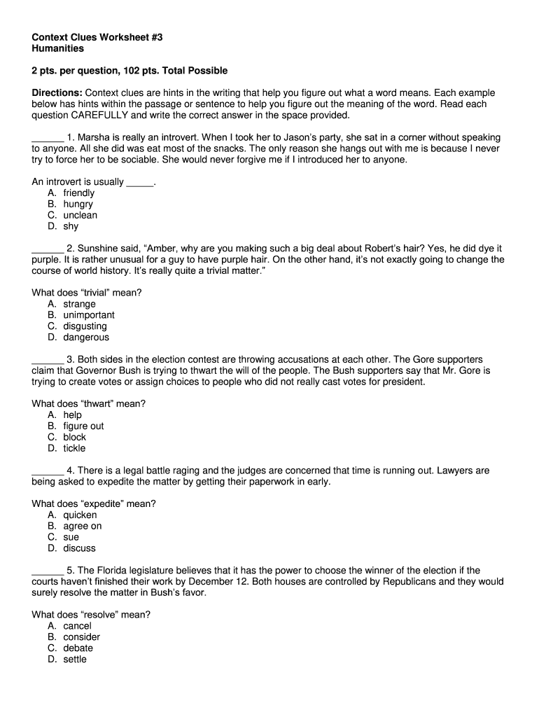 Context Clues Worksheet 2 Humanities Answer Key  Form