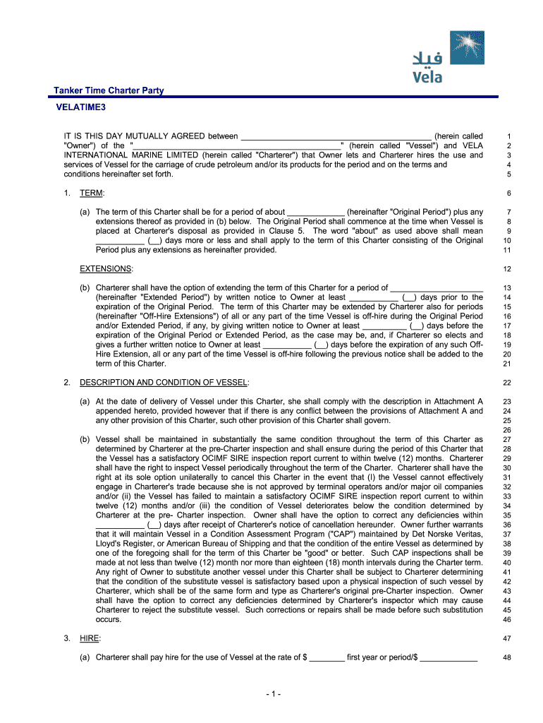 Tanker Time Charter Party VELATIME3 Fate Offshore Sdn  Form