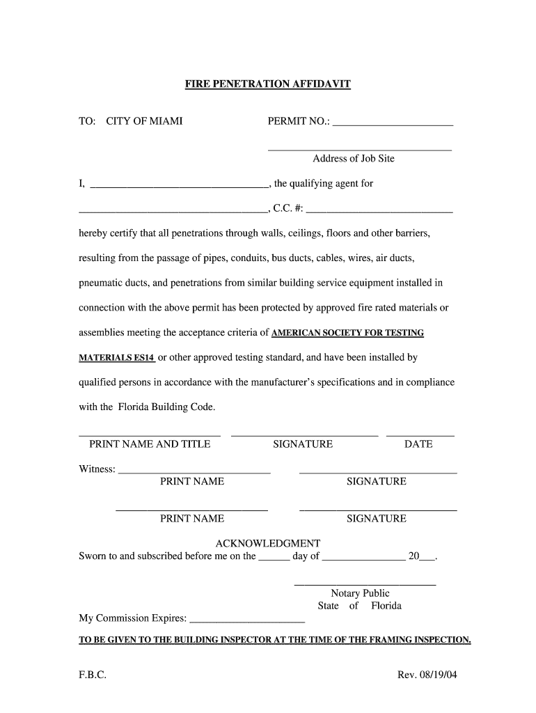 Fire Penetration Affidavit  Form