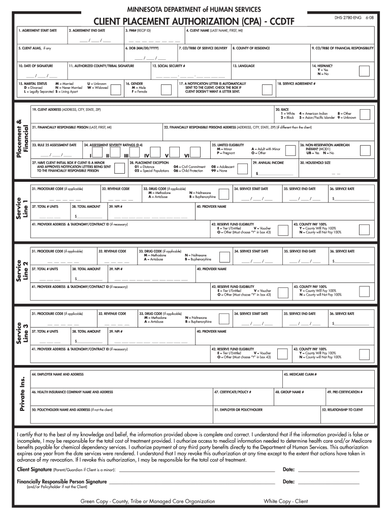  CLIENT PLACEMENT AUTHORIZATION CPA CCDTF DHS 2780 ENG 6 08 Hennepinhealth 2008