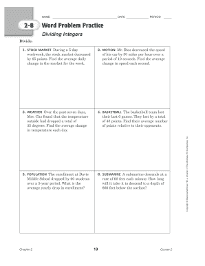 Dividing Integers Word Problems PDF  Form