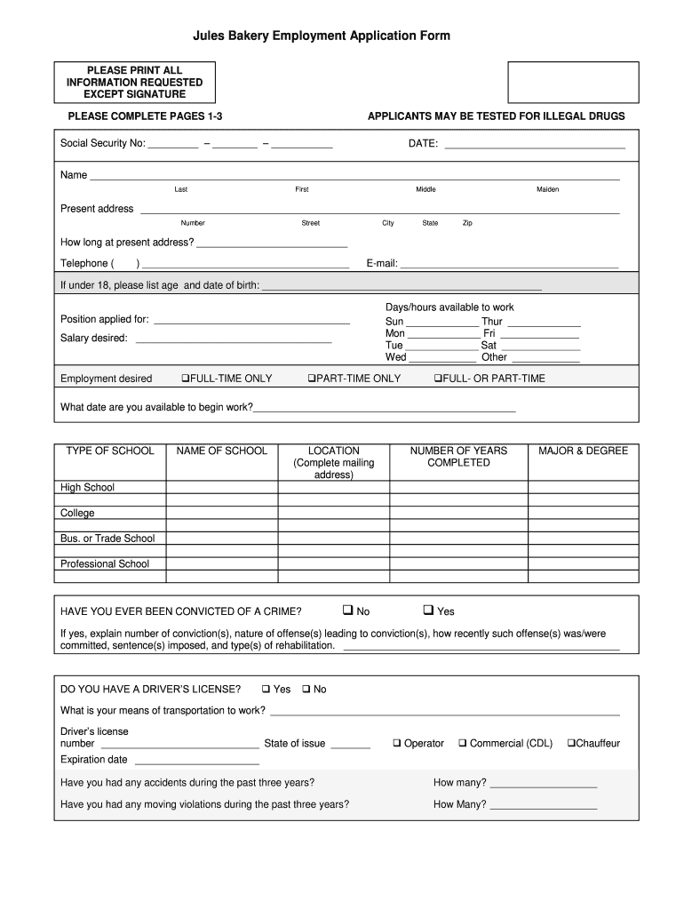 Bakery Application  Form