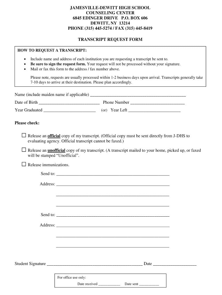 JAMESVILLE DEWITT HIGH SCHOOL COUNSELING CENTER 6845  Jamesvilledewitt  Form