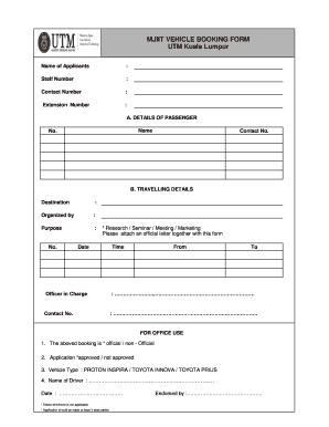 MJIIT VEHICLE BOOKING FORM UTM Kuala Lumpur Mjiit Utm