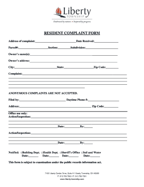 RESIDENT COMPLAINT FORM Liberty Township Butler County